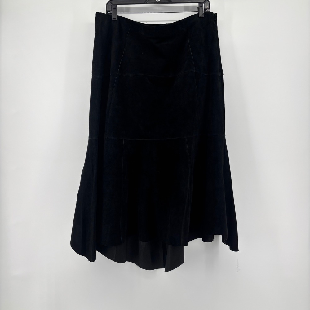 Cabi Black Genuine Suede Midi Skirt High Waisted Flared Hem Side Zip Hi-Lo Sz 14